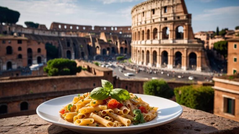 Piatto di pasta con vista colosseo