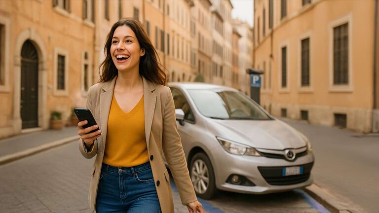 Ragazza con auto su striscia blu a Roma