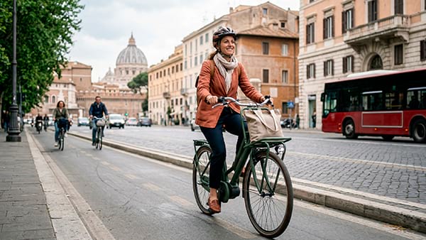 Muoversi a Roma: ragazza con casco in bicicletta