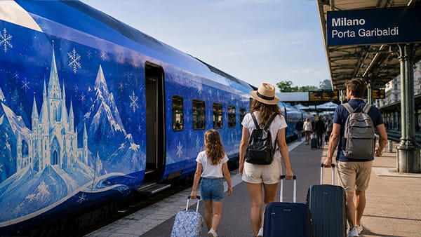 famiglia sul binario del treno Milano Disneyland