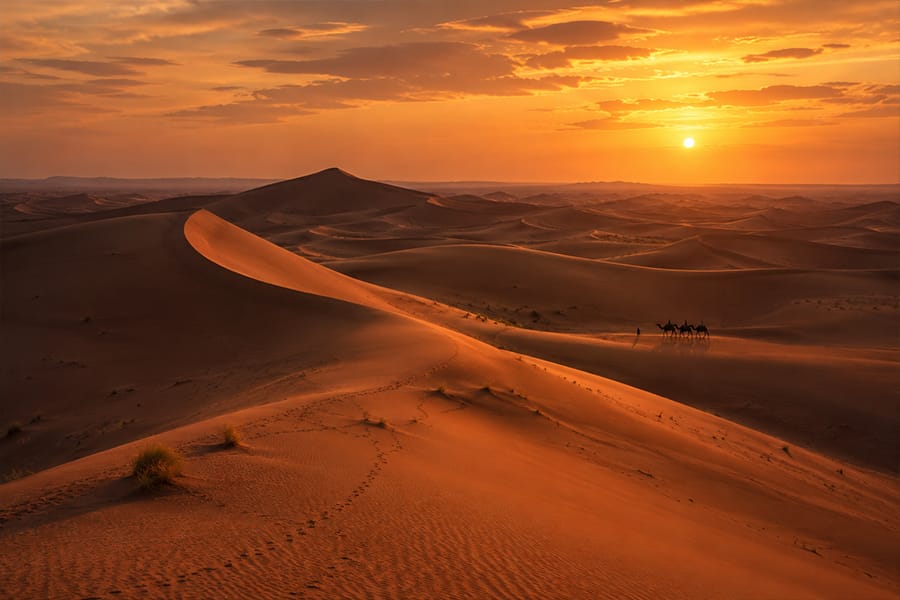 Dune del deserto del Sahara in Marocco al tramonto