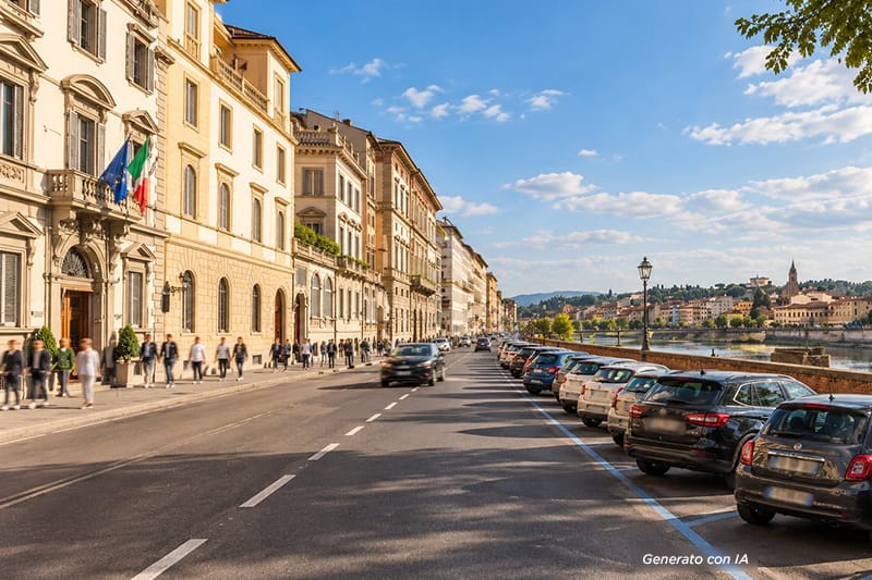 Vista di Firenze Lungarno con parcheggi striscia blu