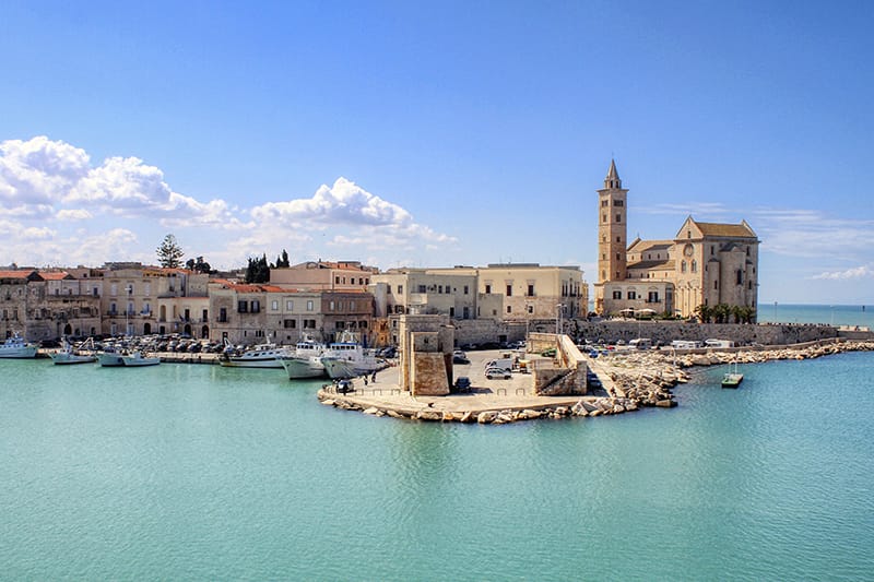 Vista di Trani con porto e cattedrale affacciata sul mare